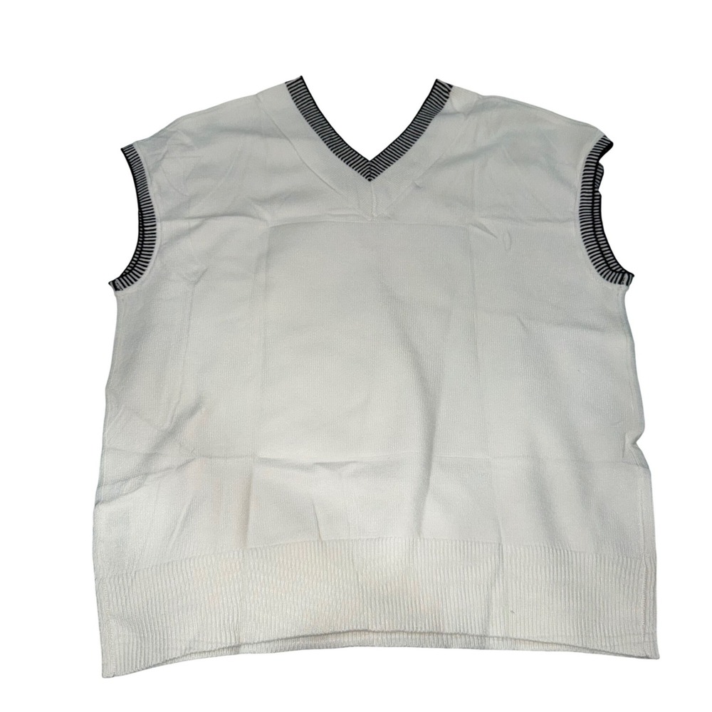 DOKOTOO White V Neck Knit Vest Sweater Sleeveless Striped Trim - Picture 2 of 8